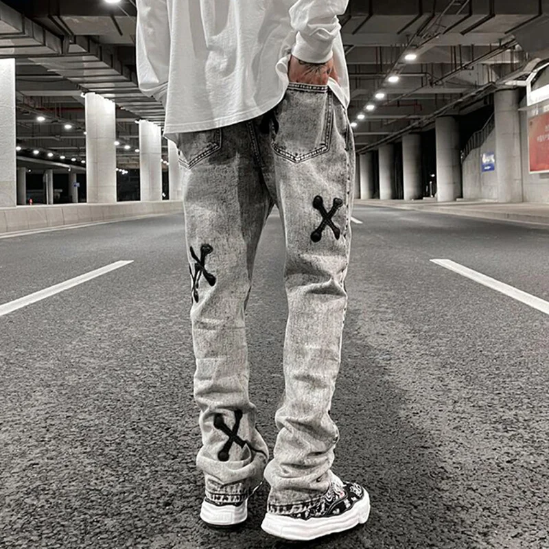 For Washed Trousers Gray PU Denim Leather Bone Retro Embroidery Casual Men Straight Oversize Streetwear Loose Jeans Men's Pants