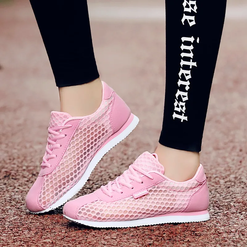 Fashion Pink Hollow Out Mesh Women Sneakers Summer Comfortable Cheap Sports Shoes Women Lace up Lightweight Running Sport Shoes