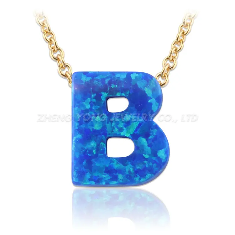 26 Letters Opal Necklace OP05 Blue Initial with Silver Plated Brass Chain |