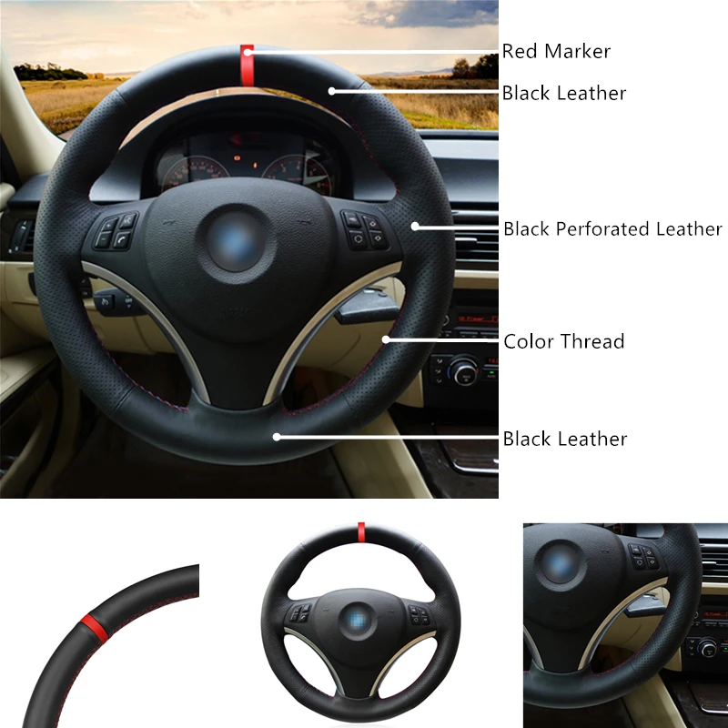 Черный красный маркер из искусственной кожи чехол рулевого колеса автомобиля