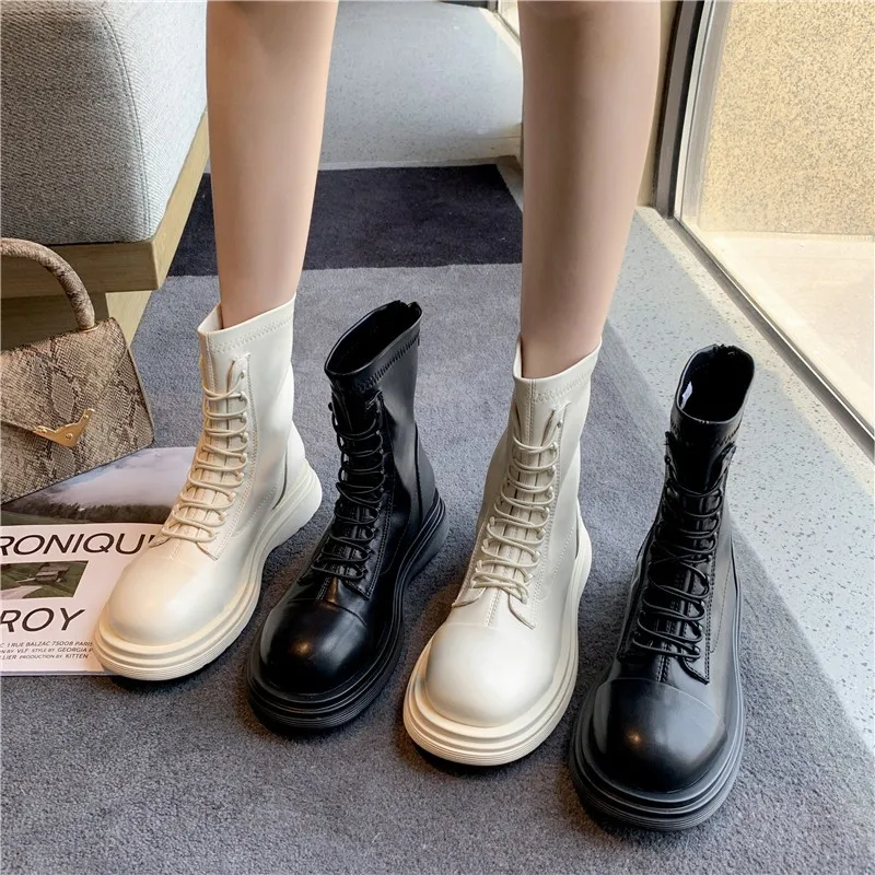 Women's mid-tube boots Women's autumn and winter fashion lace-up Botas Mujer boots sports platform high-heeled women's shoes