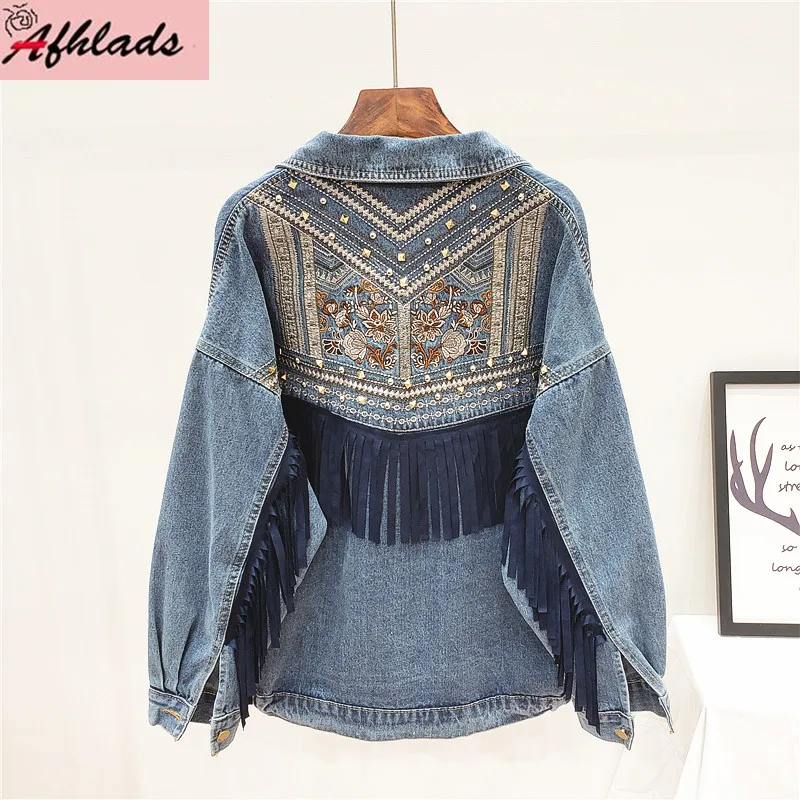 

Женская джинсовая куртка с бахромой, свободная весенне-осенняя винтажная модная однобортная Повседневная джинсовая женская куртка, верхняя одежда