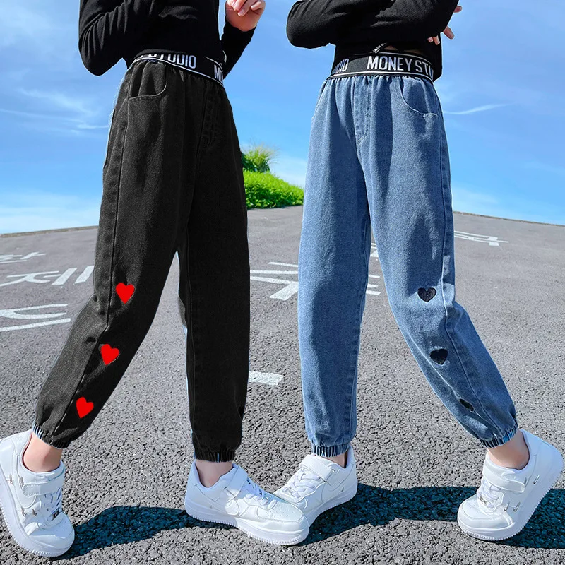 

Girls Spring Autumn Classic Elastic Waist Jeans Teens Love Embroidery Denim Trousers Children Kids Harem Pants Blue Slacks 5-12y