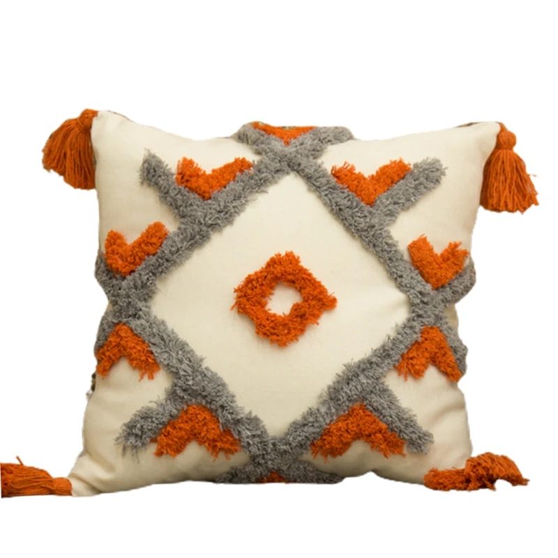 2022 New  Nordic Style Orange Gray Tufted Throw Pillow Case with Tassel Boho Woven Geometric Striped Square Cushion Cover Decor