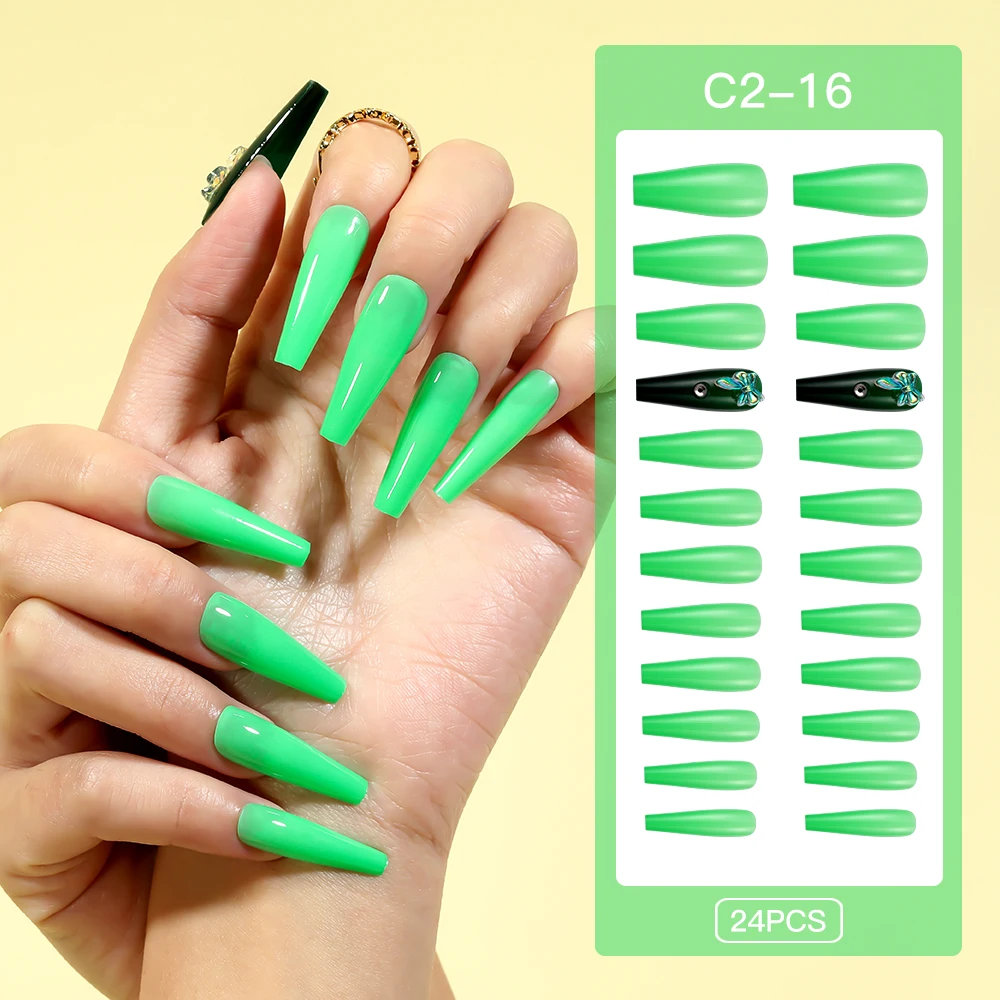 

Butterfly Decorated Girl Fake Nails, Acrylic Full Cover Coffin Faux Nails, Long Style, Removable 24 Pieces/Box