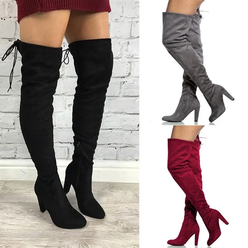 

Women Boots Suede Over The Knee Boots Sexy High Heels Women Shoes Slim Thigh High Boots Plus Size 43 Fashion Lace Up Long Boots