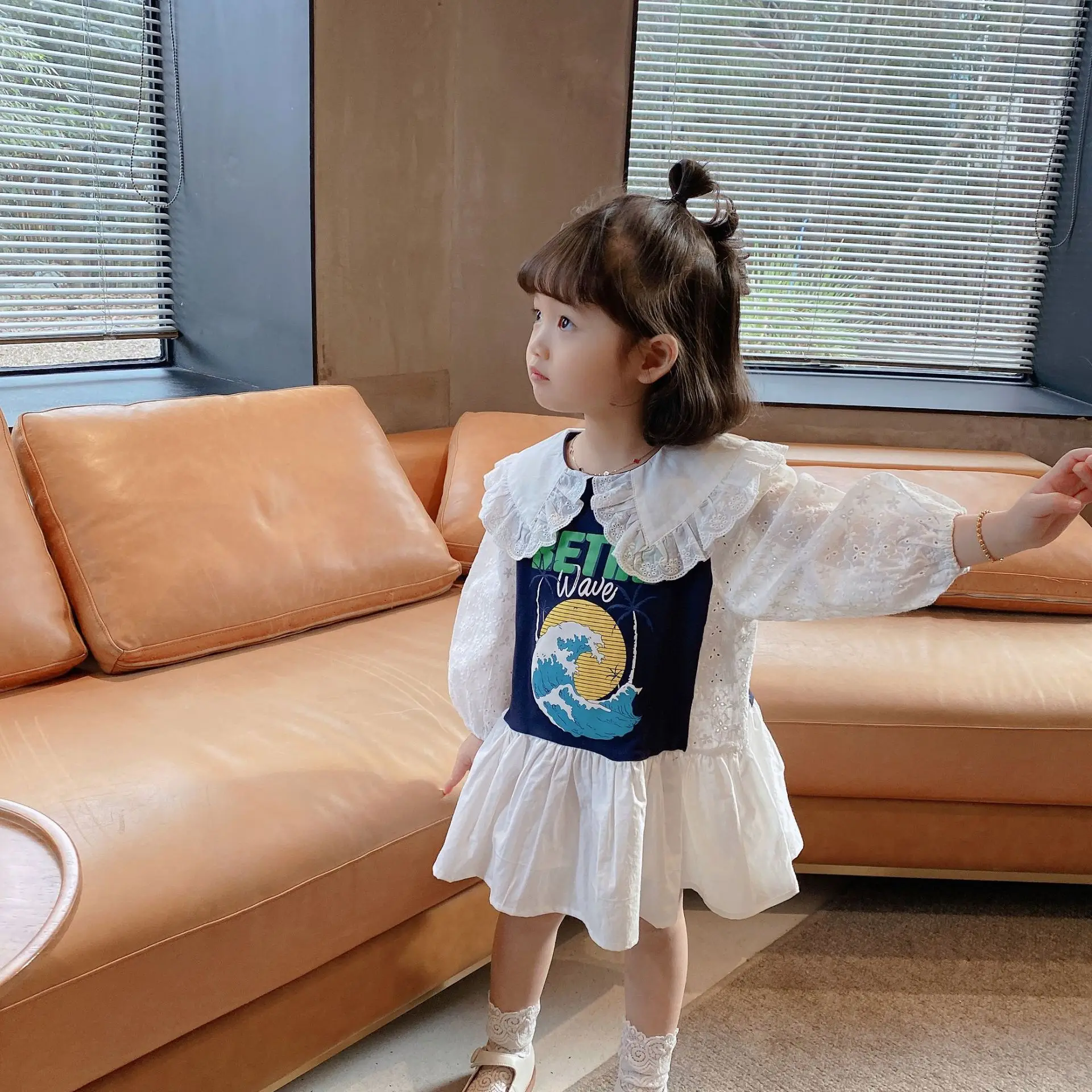 

Платье с длинным рукавом до колен, пуловер А-силуэта, однотонное, из хлопка, новинка, модная простая Милая весенне-осенняя одежда для девочек