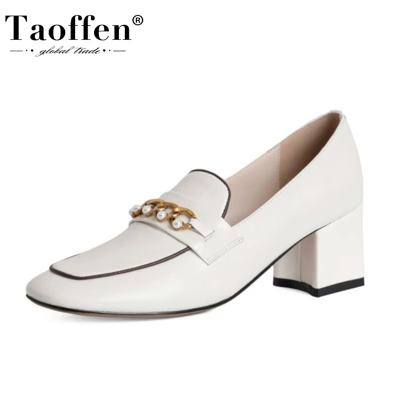 

Женские туфли-лодочки из коровьей кожи Taoffen, элегантные туфли размеров 34-40 на высоком каблуке, с металлической цепочкой и бусинами
