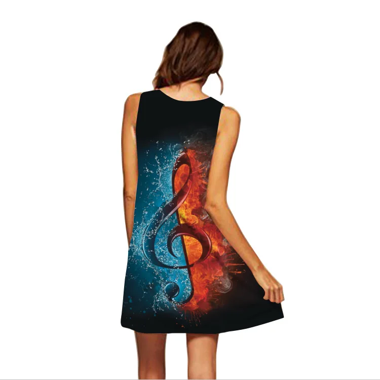 Женское летнее платье в стиле бохо винтажное мини с 3D музыкальным принтом