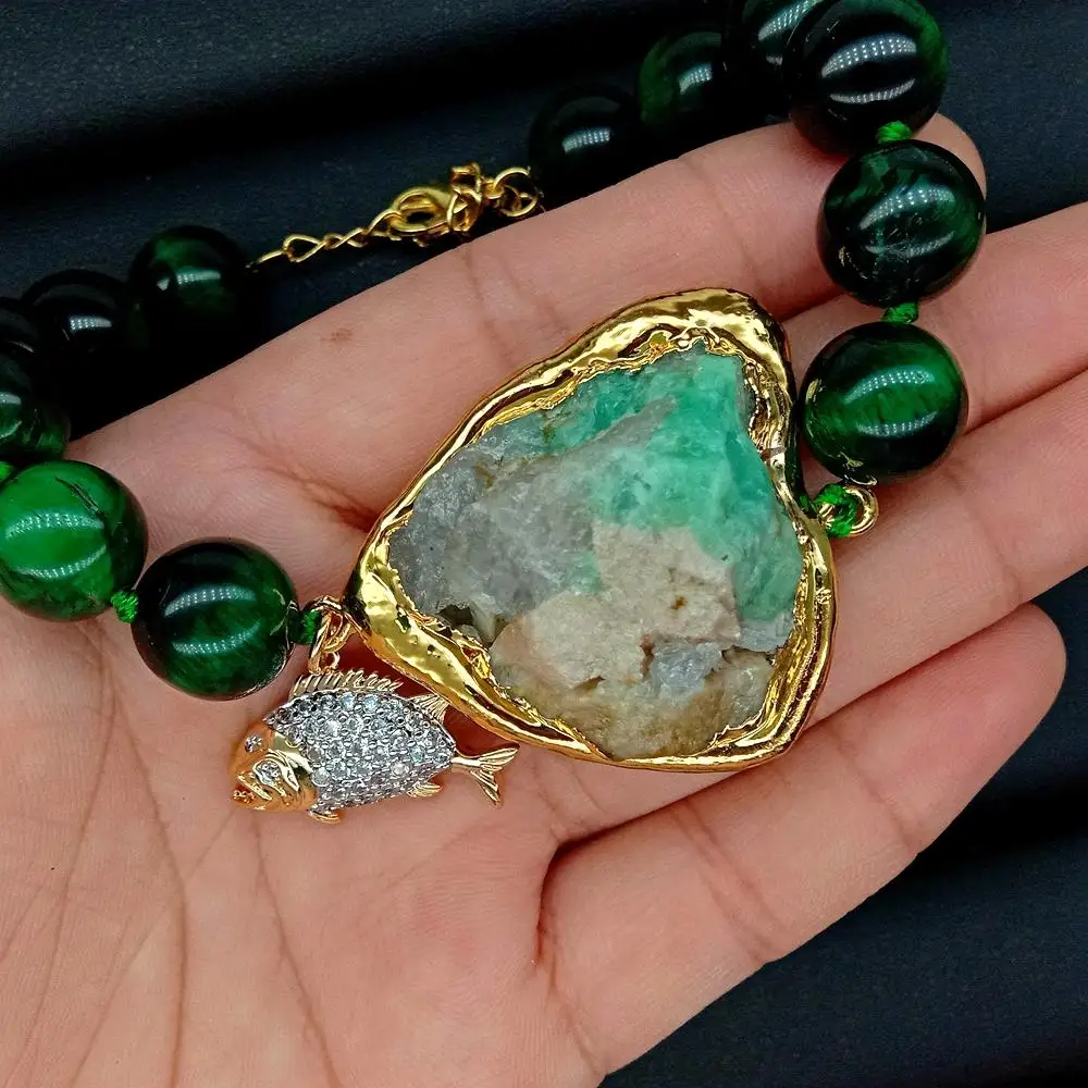 

YYING 12mm Round Green Tiger Eye Natural Emeralds Rough Braceleet Cz Pave Fish Charm 8.5"
