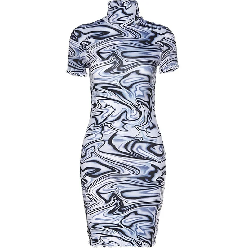 

Tie-dye Woman Dress Bodycon Elastic Waist Short Sleeve Pencil Sexy Dress Turtleneck Silk Print Summer Dress Party 2021 Female
