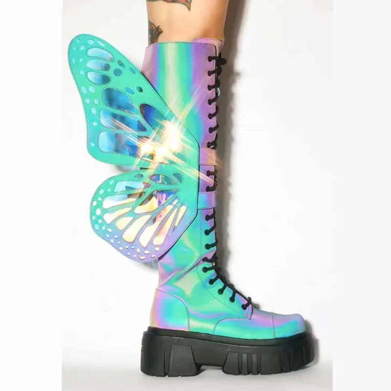 2023 New Butterfly Wings Design Women Knee High Boots Thick Sole Long Motorcycle Botas Lace-up Autumn Platform Demonia Shoes images - 6