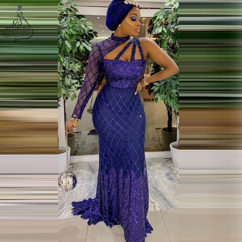 

Aso Ebi Evening Dress Mermaid Royal Blue Floor Length Court Train One Shoulder Sheer Long Sleeve Prom Dresses vestidos de gala