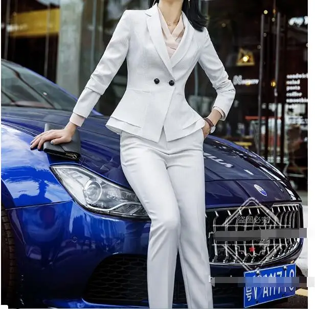 Женские деловые костюмы большого размера с двойной грудью Белые Офисные Топы +