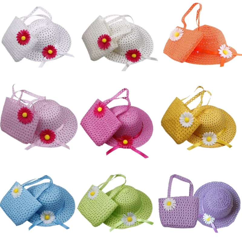 

1 Set 9 Colors Summer Cap Lovely Children Kids Outdoor Beach Breathable Wide Brim Flower Straw Hats Handbag Suit