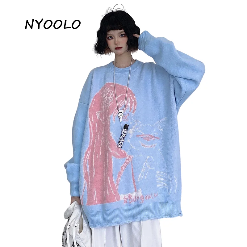 

NYOOLO Harajuku Style Cartoon Anime Girl Jacquard Long Sleeve O-Neck Pullovers Knitted Sweaters Women Cloth Winter Warm Knitwear