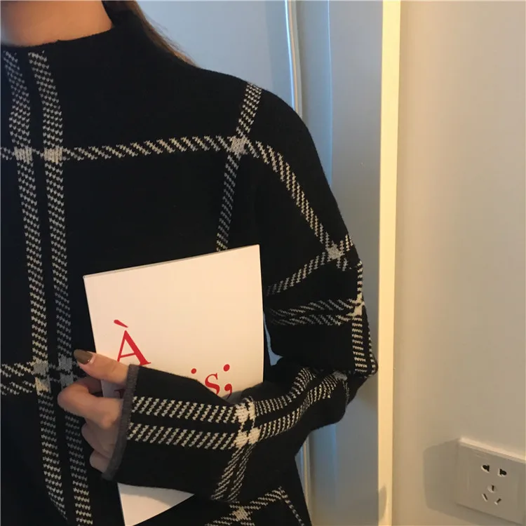 

2021 Winter New Ladies Pullover Sweater Fashion Plaid High Neck Loose Knit Long Sleeve Korean Casual Top