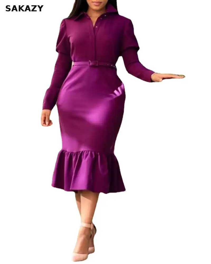 

European Style Dresses For Women 2021 Elegant Solid High Waist Bodycon Dress Autumn Vintage Turn-down Collar Trumpet Party Dress