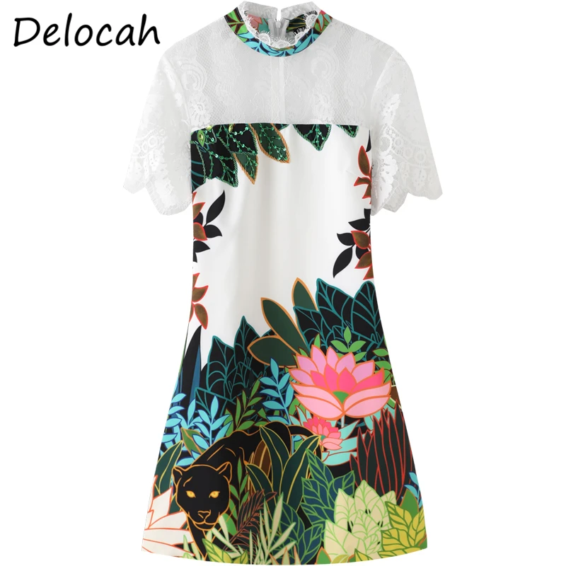 

Delocah Women Fashion Summer RunwayA-line Dress Short Sleeve Lace Sequined Crystal Printed Ladies Party Mni Dresses vestidos