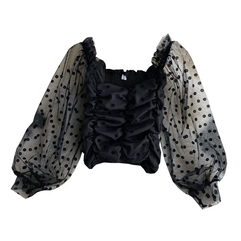 

Spring and Autumn Fashion Lantern Sleeve Polka Dot Mesh Long Sleeve Square Collar Shirt Age-reducing Temperament Top UK198