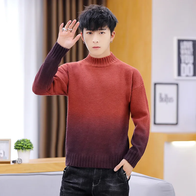 

2021 Gradient men's thickened knit sweater warm half turtleneck thick sweater trend new gradient sweater men