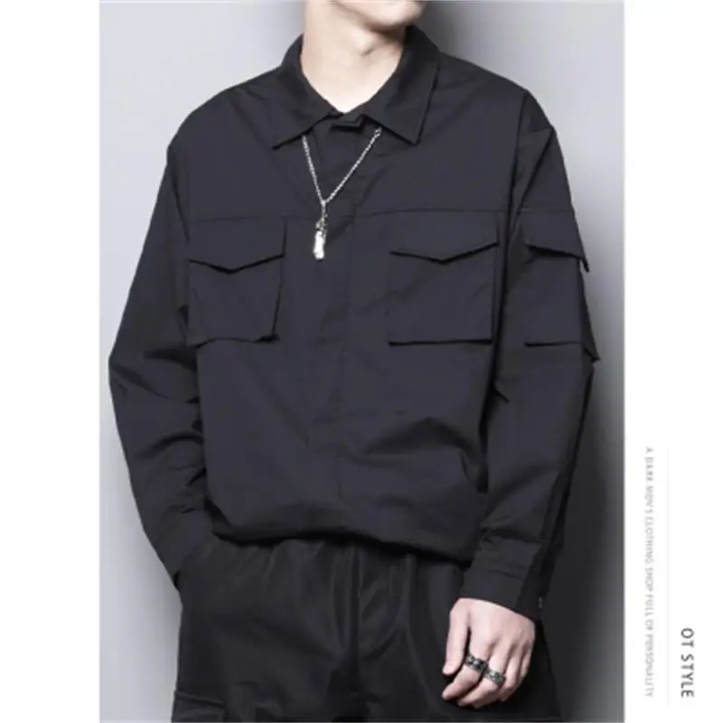 Spring Dark Department personality design uniform pointed collar Retro multi-pocket Shirt loose long-sleeved white shirt men's