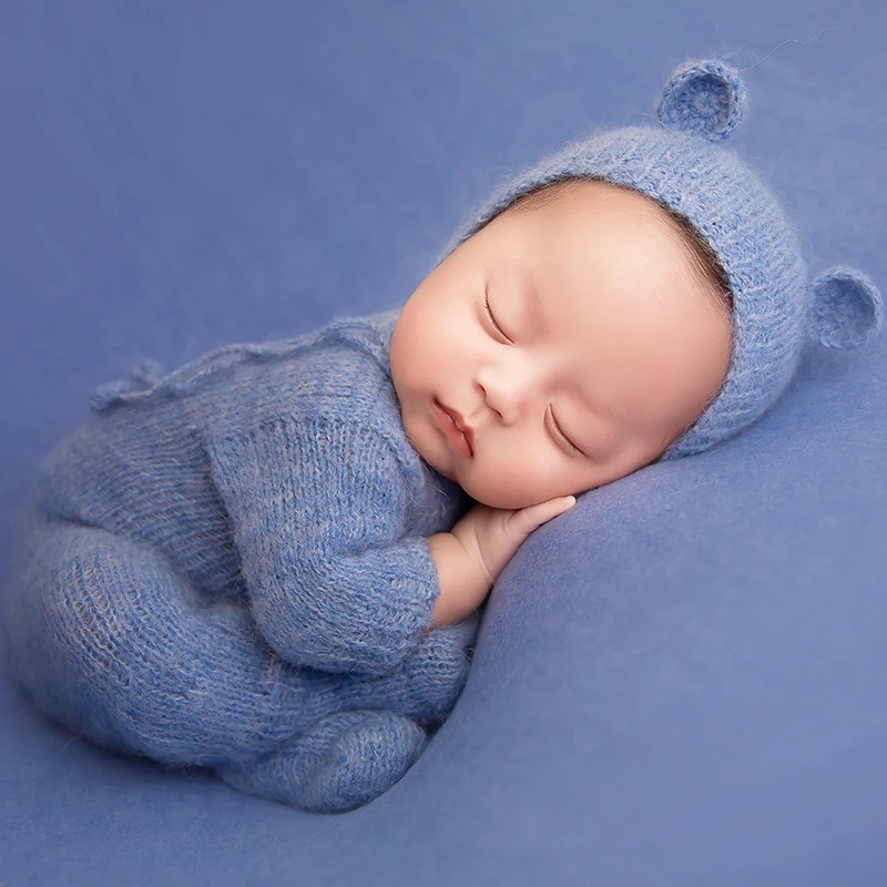 Newborn Photography Props Set Overalls Sleepy Hat Bebe Knit Sleeved Outfit Baby Photo Wrap Foot Shoot Romper Pajamas Accessories