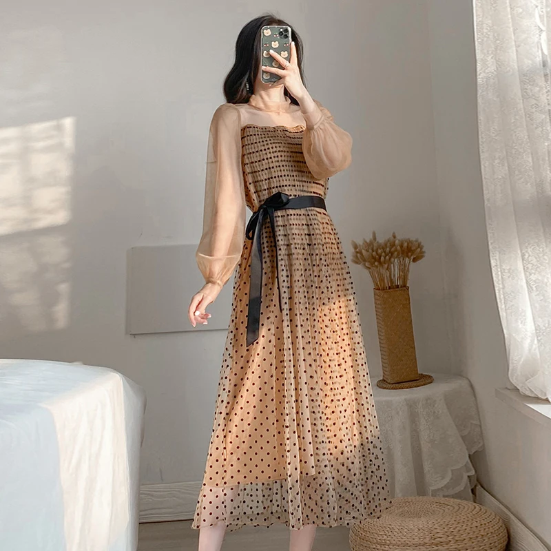 

Faldas Mujer Moda Fashion Polka Dot Women Dress New Spring Full Sleeve Mesh Dresses Top Dresses for Women