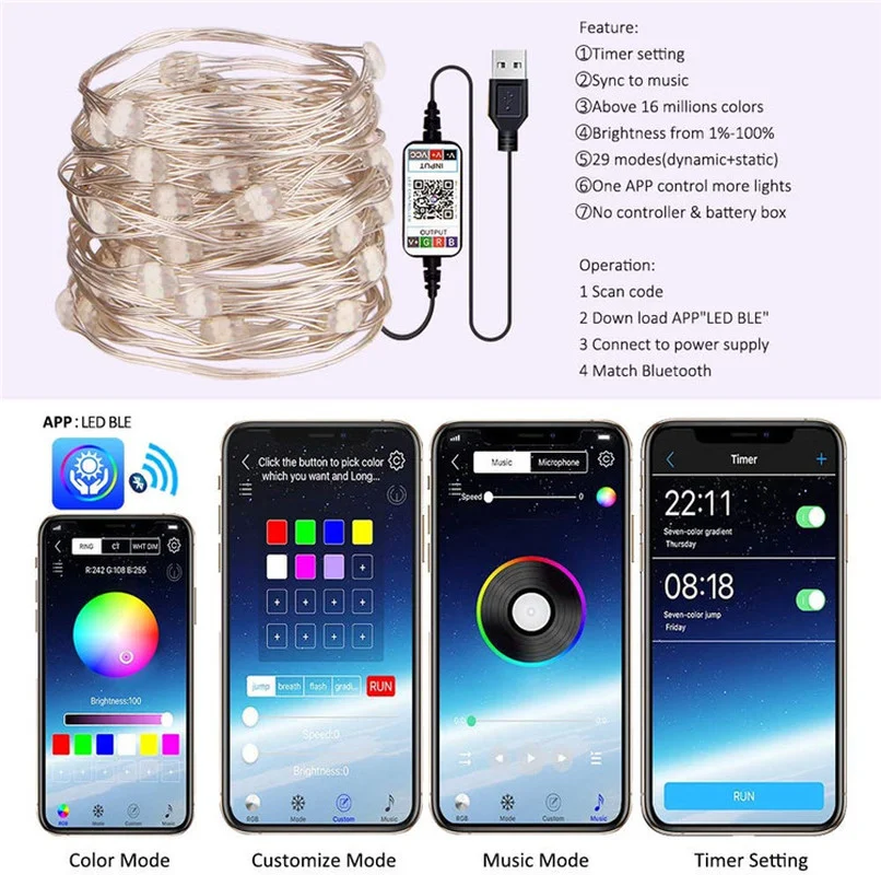 

2/5/10M Bluetooth App Control Copper LED String Light Waterproof for Christmas Tree Decoration Indoor And Outdoor Wedding Party