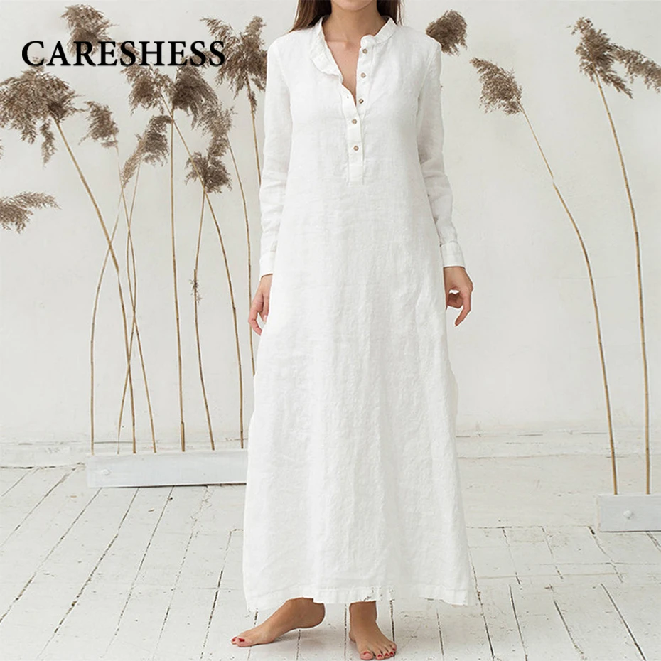 

CARESHESS Fashion Lapel Neck Cotton linen Dresses Long Sleeve Buttons Elegant Solid Office Lady Casual Loose dress Oversized 5XL