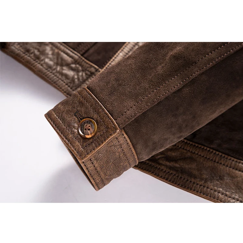 

Autumn Leisure style men's Genuine jacket Cowhide suede Leather winter coat lapel Slim short Locomotive clothing Brown