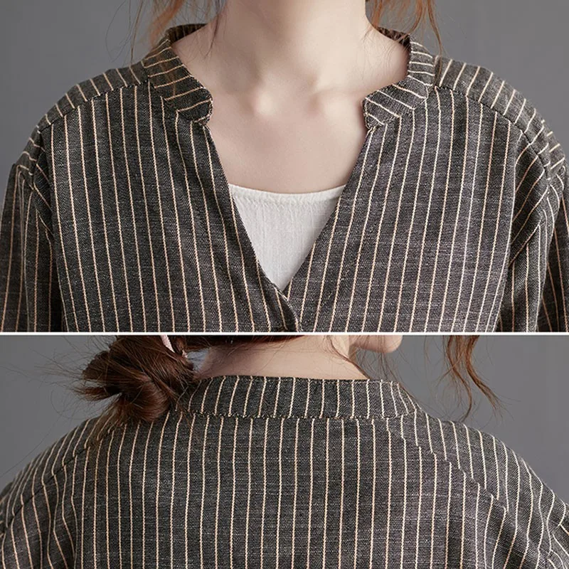 

Women Cotton Linen Shirts New Arrival 2020 Autumn Simple Style Vintage V-neck Striped Ladies Long Sleeve Loose Casual Tops S1851