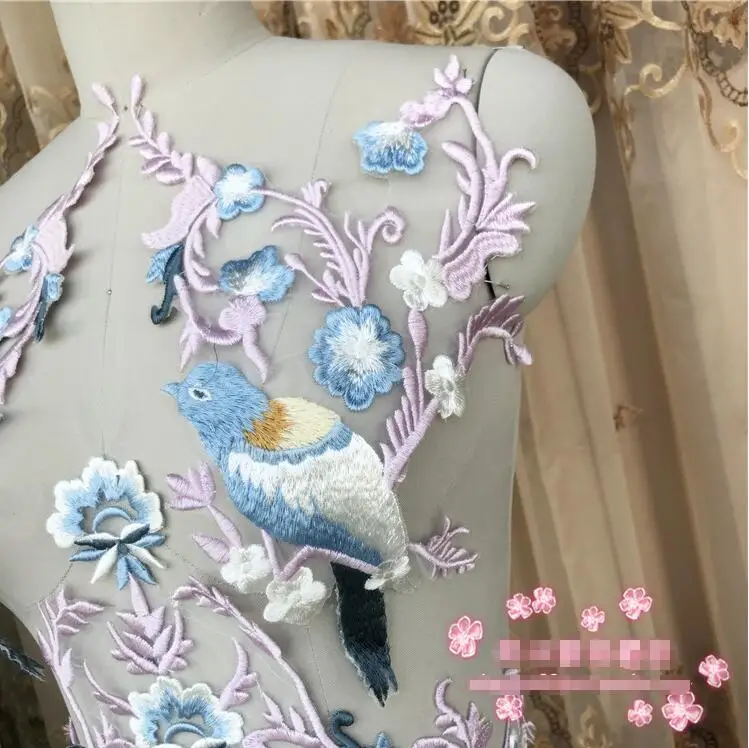 Вышитая нашивка с фиолетовыми птицами и цветами аппликация для шитья