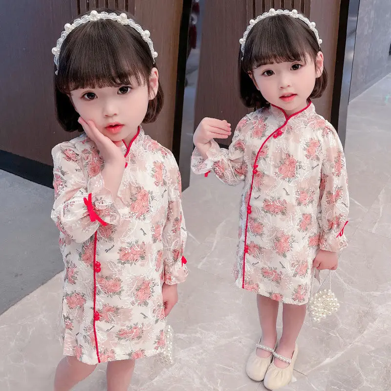 Girls cheongsam dress spring new 2021 Chinese style children chiffon floral skirt little girl princess dress western style western girl spring floral dress girl baby princess lace hollow collar fashion skirt dress kids dresses for girls knee length
