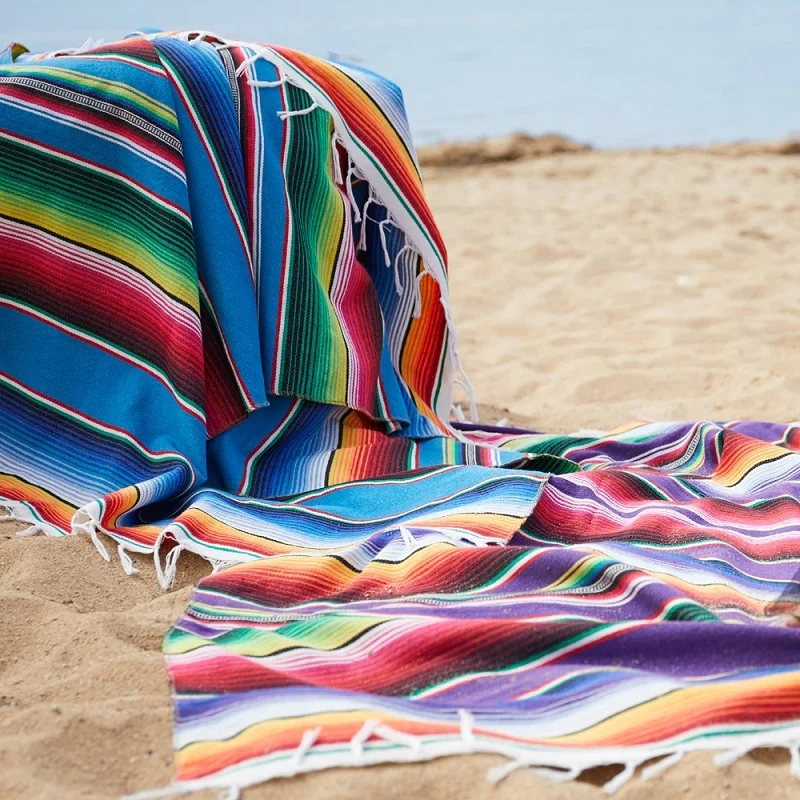 Хлопковое мексиканское индийское пляжное одеяло ручной работы Радужное