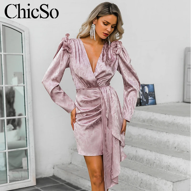 MissyChilli-женское атласное мини-платье с оборками и вырезом элегантное облегающее