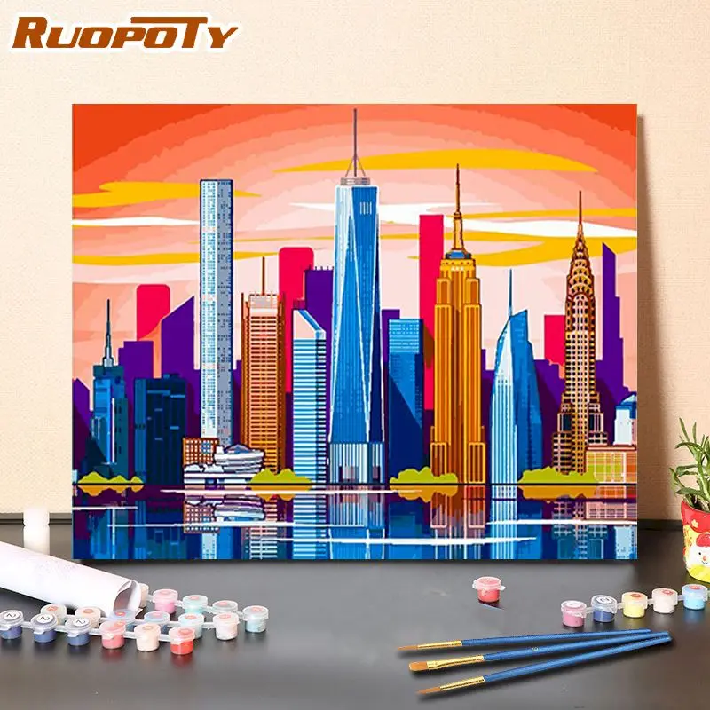 

RUOPOTY Urban architecture reflection For Adult paint by numbers Landscape Zero-based 40*50cm Handpainted Drawing