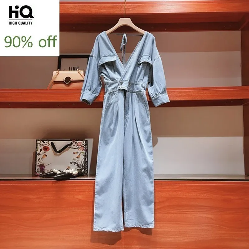 Elegant Fashion Qualities V-Neck Backless Lace Up Womens Denim Jumpsuits Half Sleeve Pocket Ankle Length Female Loose Overalls | Женская