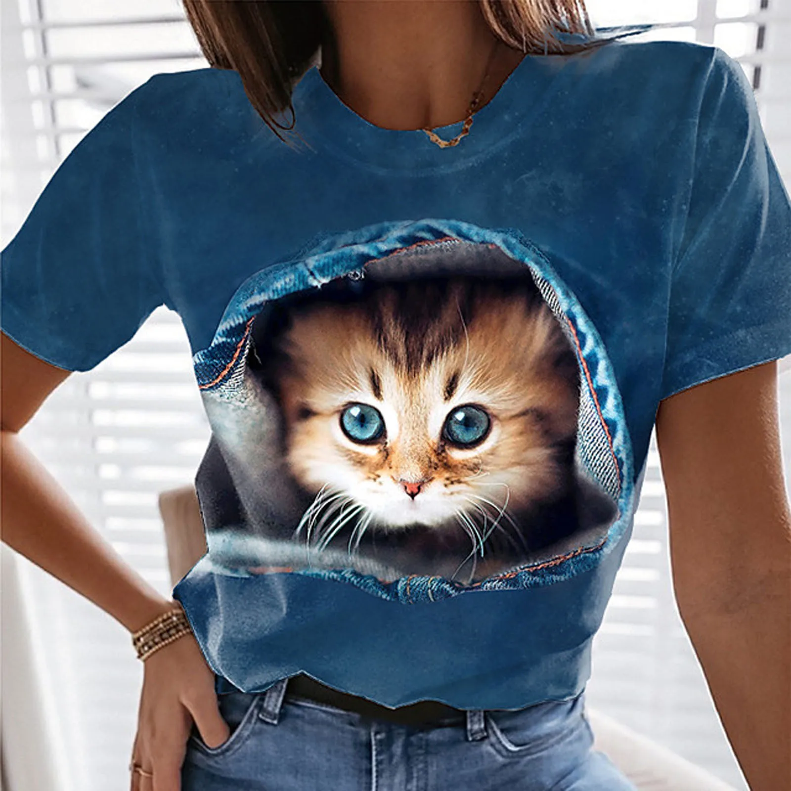 

2021 New Summer Women's T-Shirt Women's Fashion Cat Print Casual Short-Sleeved Tops Women's Casual Fashion Slim Tops T-Shirts
