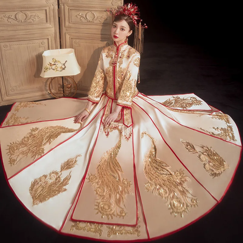 

Ретро китайские блестки Феникс Вышивка драгоценными камнями свадебный Чонсам традиционное Свадебное платье для жениха невесты