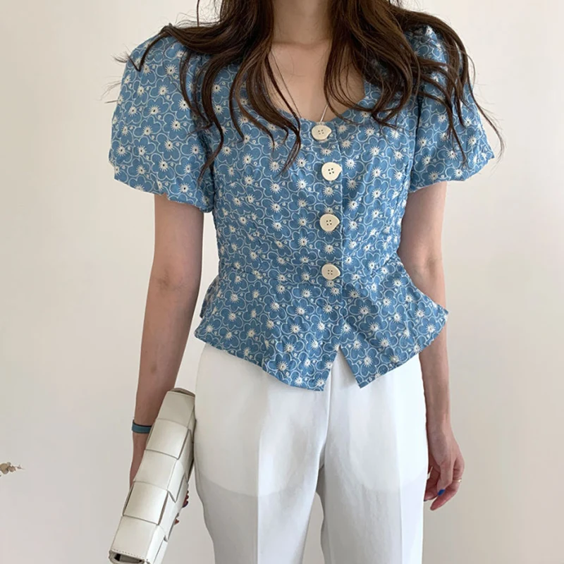 

Blue spring and autumn crop top women Square collar Buttons Down holiday Casual tank top Short Sleeves Loose Fit cropped