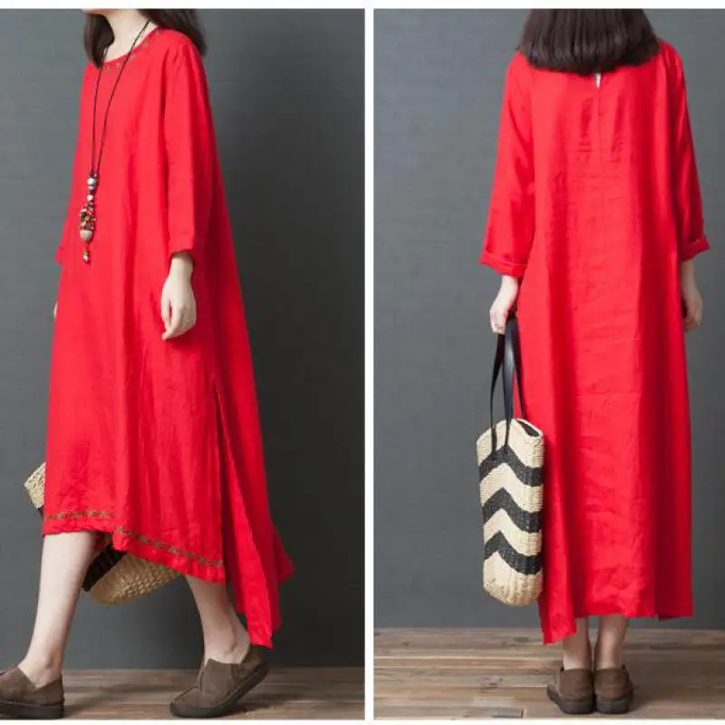 

Женское длинное платье из хлопка и льна, повседневное свободное тонкое платье с круглым вырезом в Корейском стиле, весна-осень 2022