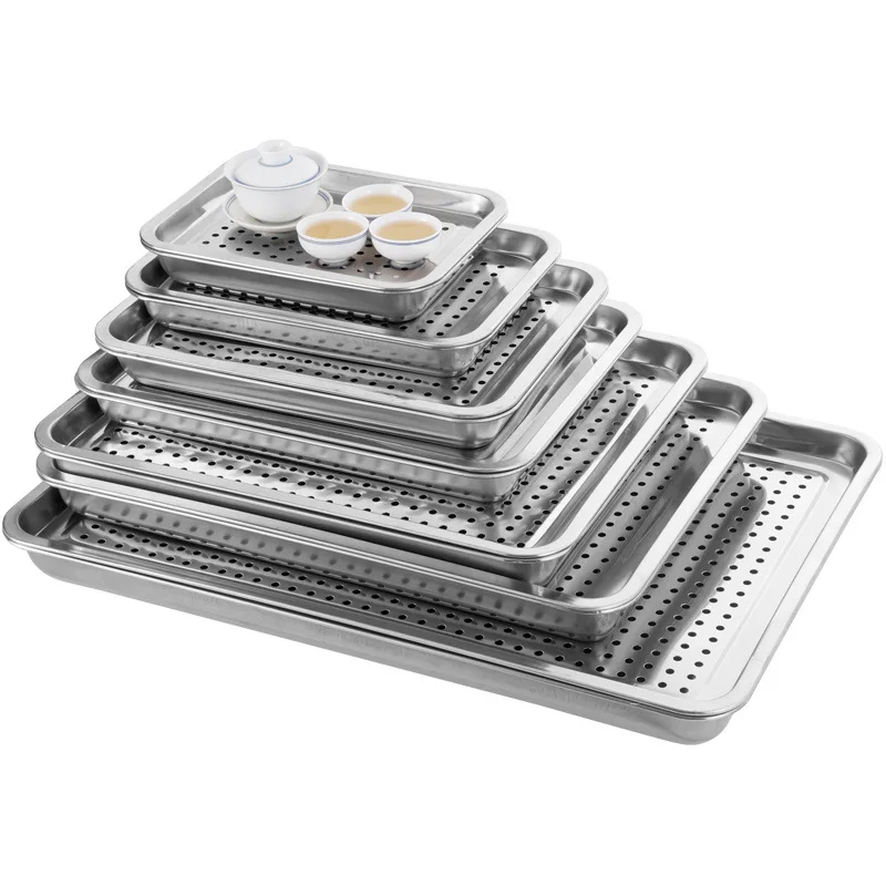 

Stainless Steel Tea Cup Tray Rectangle Barbecue Hollow Filter Oil Plate Food Drain Dry Dish Home Teahouse Teawear Storage Pan