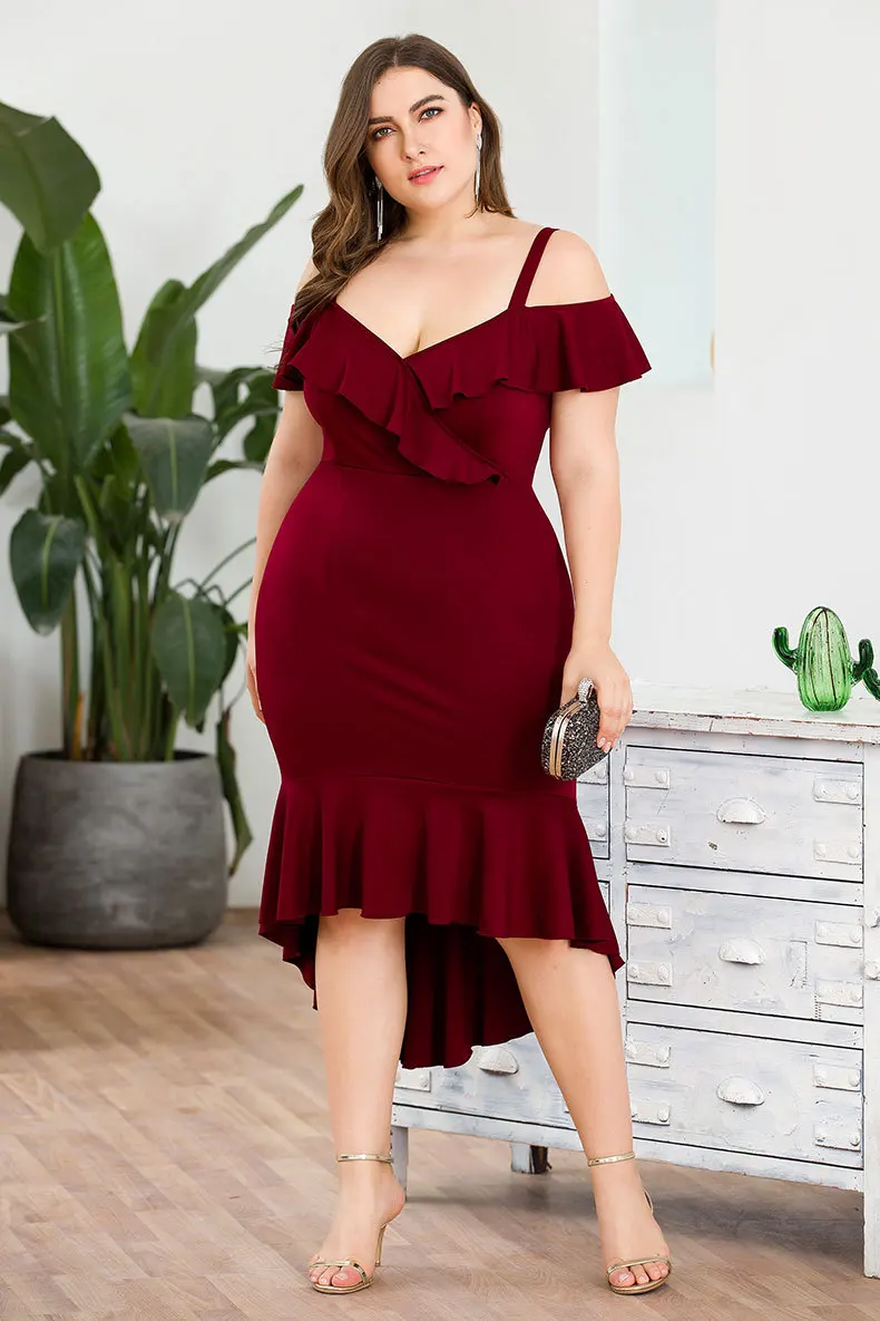 Plus Size Party Slip Dress Spaghetti Strap V-neck Short Sleeve Ruffled Mermaid Maxi Vestido Burgundy Bodycon | Женская одежда