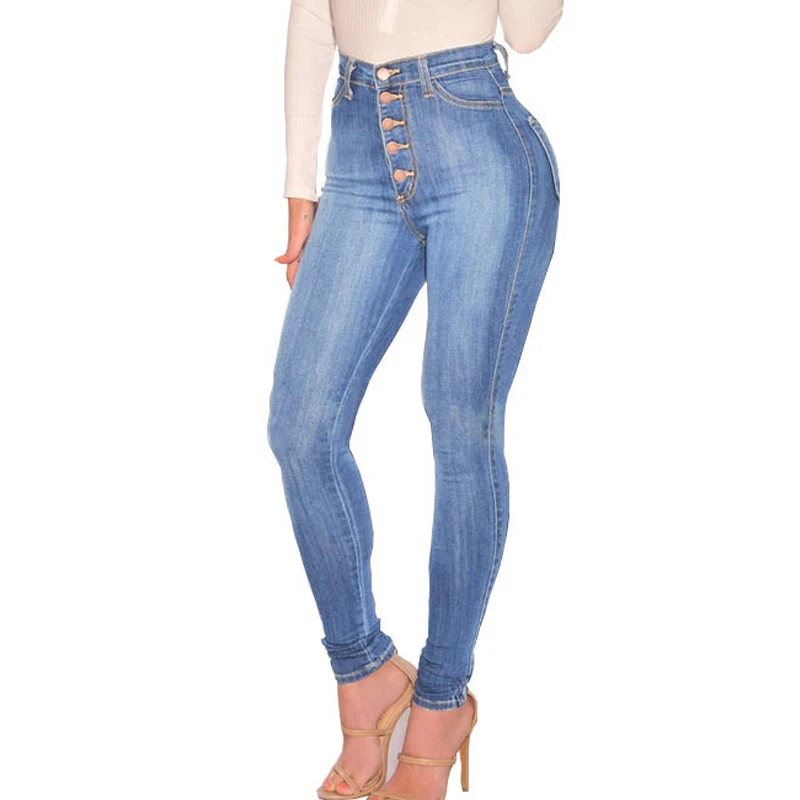 women solid long jeans oversized 2021 autumn elastic skinny pencil pants high waist button fly demin with pockets vaqueros mujer | Женская