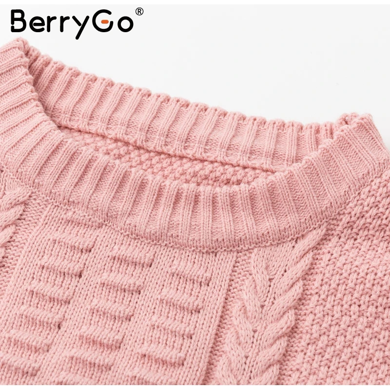 BerryGo Casual loose women knitted sweaters Long sleeve pink female pullover Retro winter office ladies jumper |