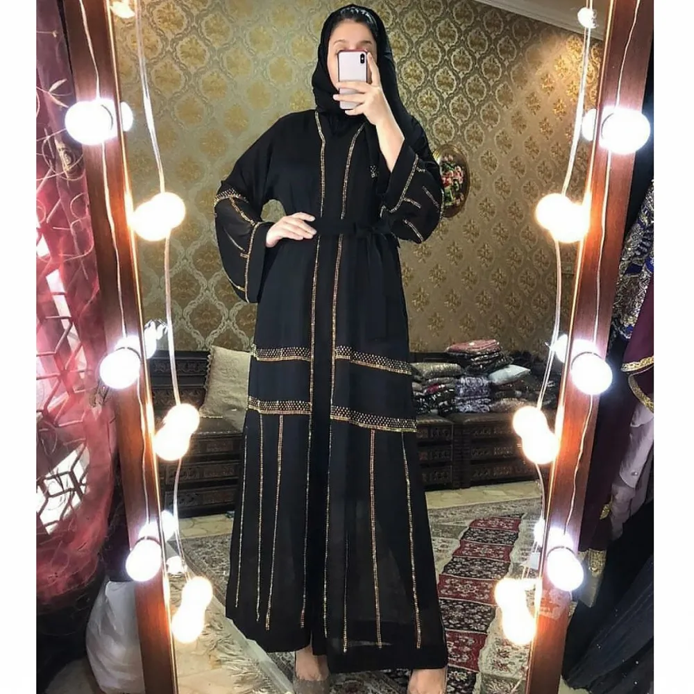 

Black Women's Muslim Bat Sleeve Robe Cardigan Hot Diamonds Stitching Mesh Long Maxi Dress Dubai Abaya Fashion African Clothes