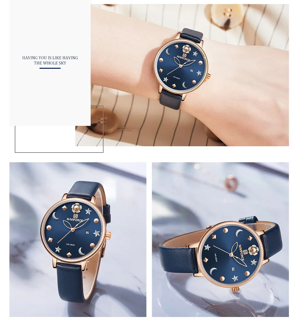 Часы наручные NAVIFORCE женские с браслетом из натуральной кожи брендовые роскошные