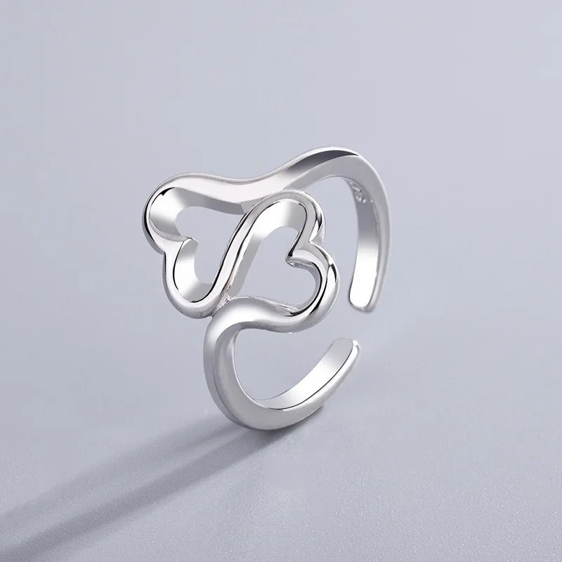

Romantic Simple Geometric Double Heart Ring with Silver Plated Opening Adjustable Ring Fashion Promises Girl's Love Jewelry