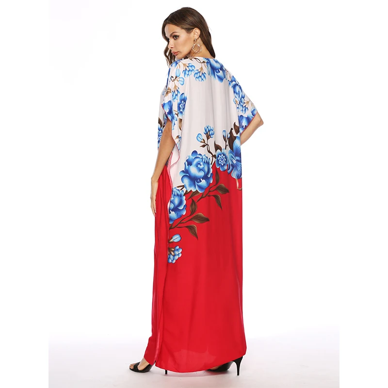 

Latest Muslim Dress Islamic Turkey Bohemian V-Neck Ribbon Embroidered Print Dress Arabic Dubai Clothing Middle East Kaftan Women